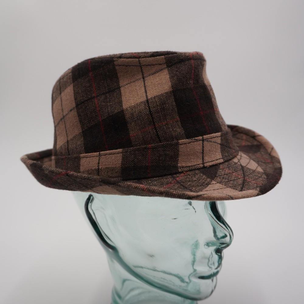 Quiksilver Plaid Wool Fedora Hat Size S/M Brown Tan Short Brim Trilby - Picture 3 of 8